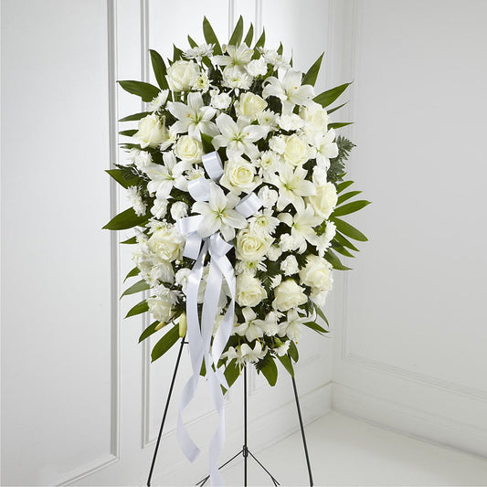 Exquisite Tribute Standing Spray-White Ribbon –  Blessing Blossom Designs Llc, Charlotte NC
